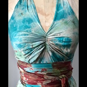 Turquoise cream and red rust silk halter mother of the bride small medium long mother of the bride hand dyed and hand made