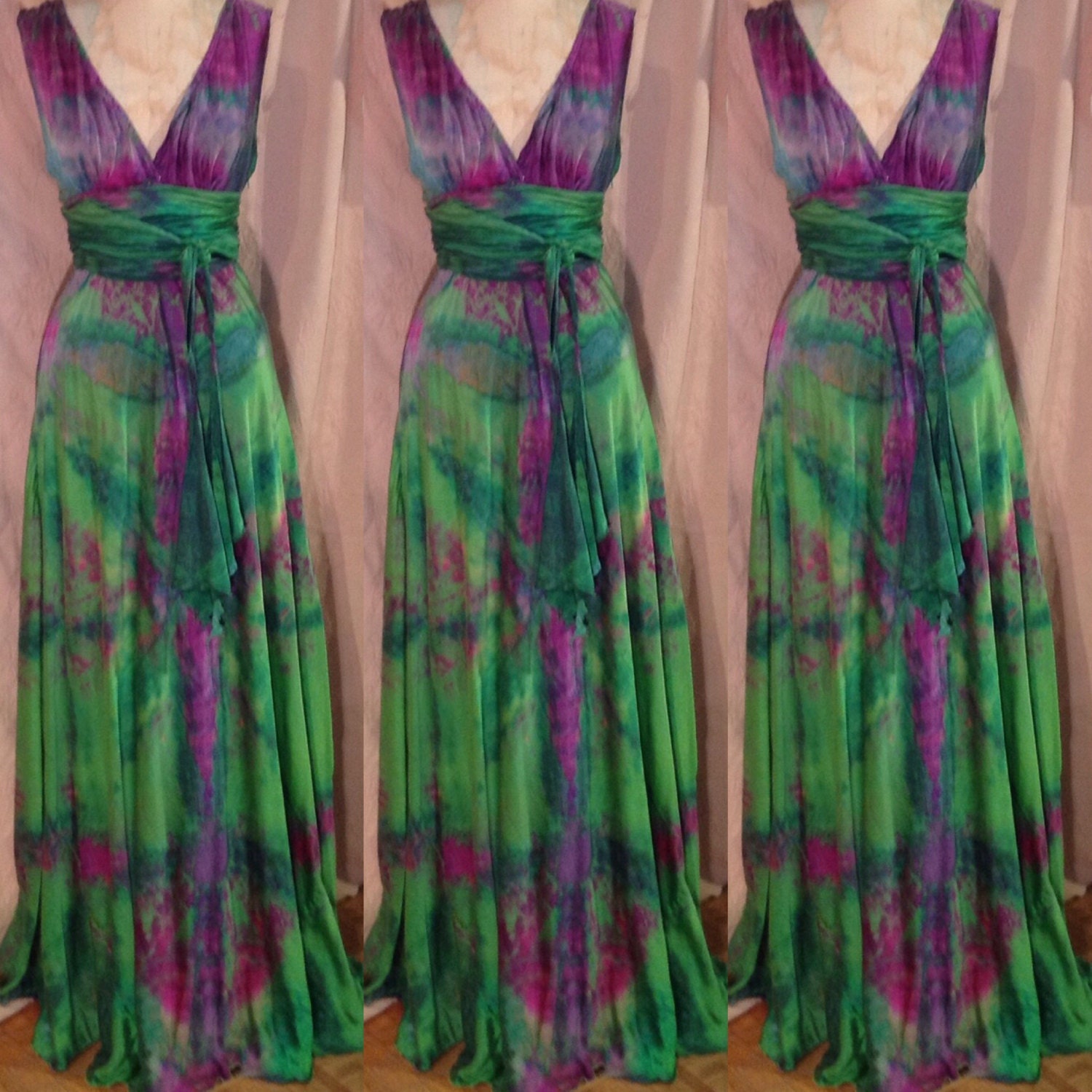 green and purple wedding dress