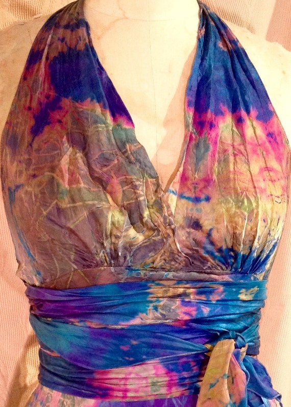 Blue Pink Gold Silk Halter Dress Boho Chic Tie Dye Dress Beach Etsy