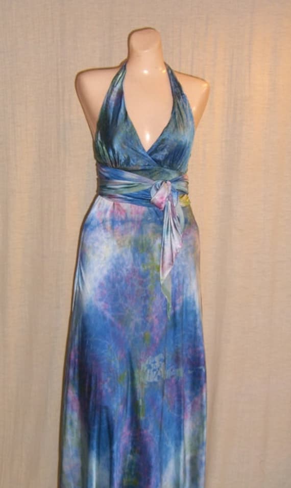 Long Small Blue Silk Halter Wedding Dress with sash boho chic | Etsy