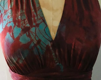 Red silk halter dress with the blue flash hand dyed hand made mother of the bride Momosoho Christmas weddings