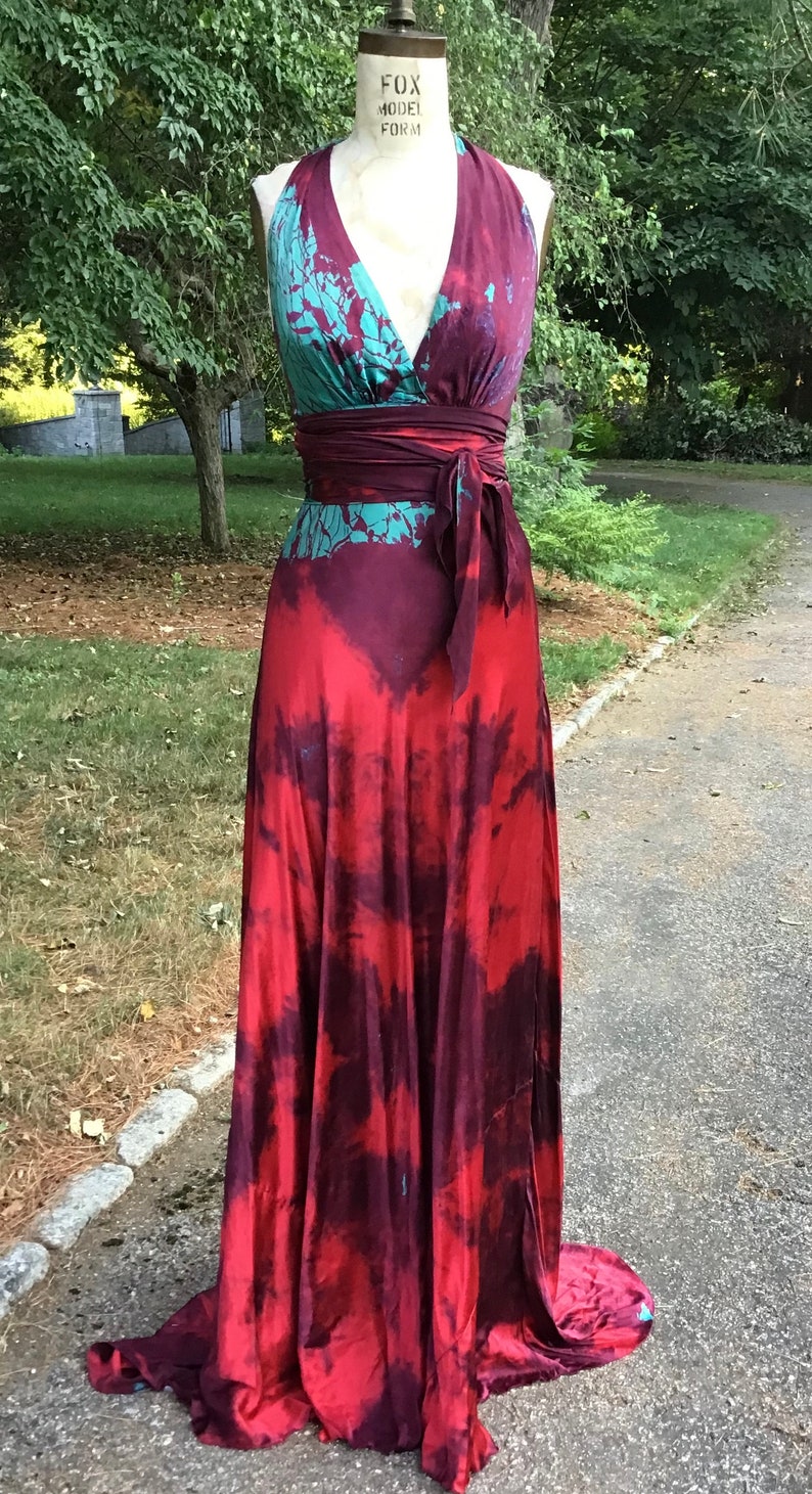 red silk halter dress