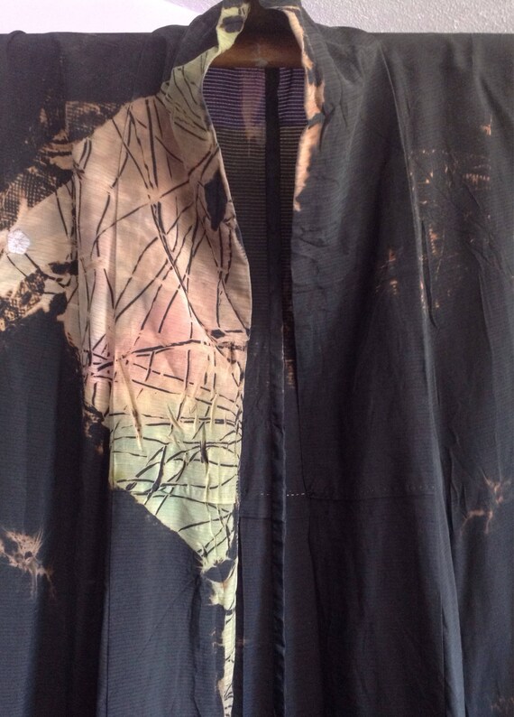 Vintage kimono black silk tie dye boho chic fall w
