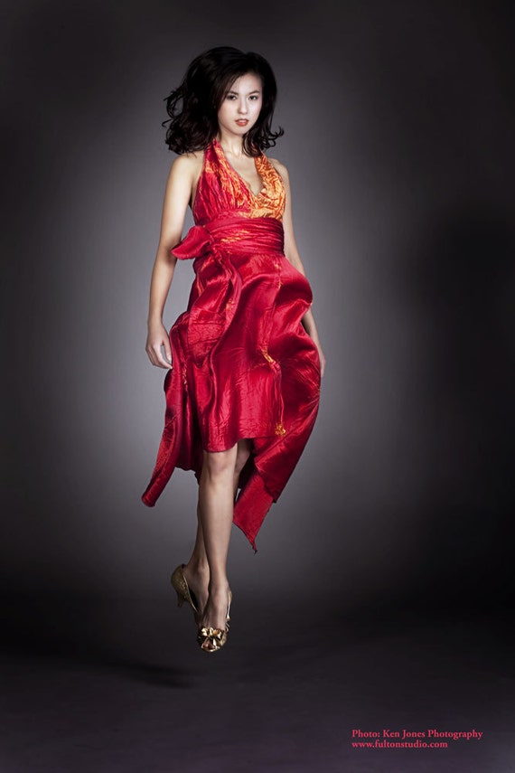 red silk halter dress