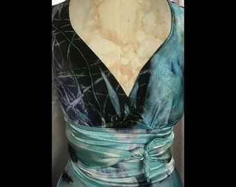 Sky blue turquoise cream and black vneck dress mother of the bride tie dye dress boho bridal dress