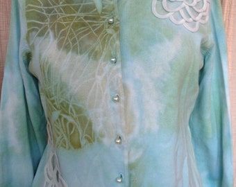 Embellished ribbon art tie dye boho chic cardigan medium large cotton silk pearl buttons mother of the bride