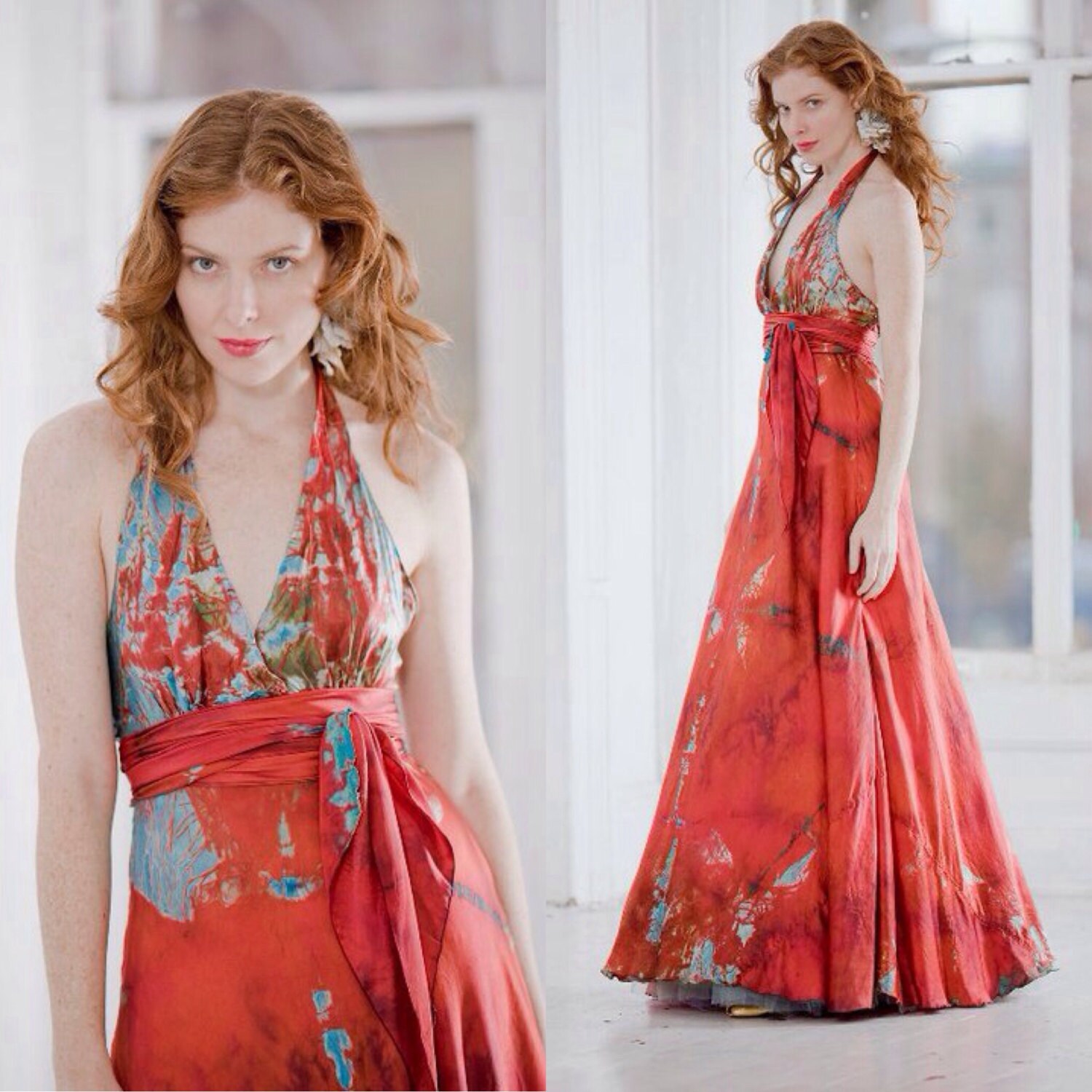 Red orange turquoise silk long halter wedding dress with