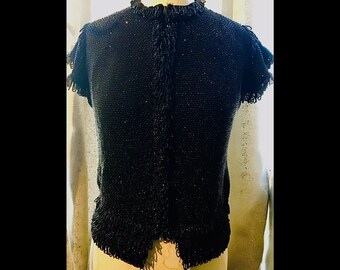 Hand knitted vintage sweater jet beads  couture collectors one of akind goth