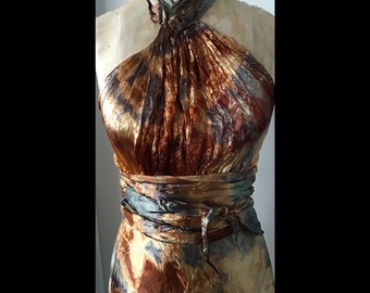 Copper greeen Nicole hand made and hand dyed satin boho bridal dress mother of the bride Pettite