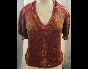 Hand knitted  rust orange with a bit of lurex tie dye boho retro sweater w ruffle medium