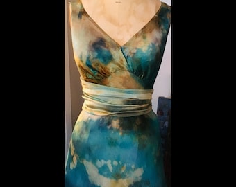 Turquoise gold and cream v neck dress in satin vintage style gown mother of the bride beach bridal boho weddings Momosoho