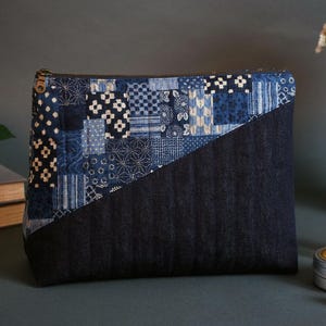 Handmade Patchwork Wedge Zip Pouch | Quilted Indigo Nara Homespun and Japanese Selvedge Denim