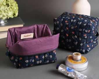 ¡Edición limitada! Neceser acolchado tipo caja: Tela índigo japonesa, diseño de búho