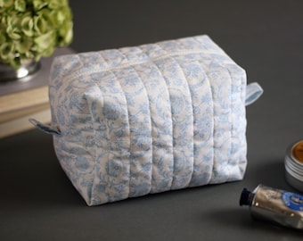 Vintage-style blue and white quilted boxy makeup bag!