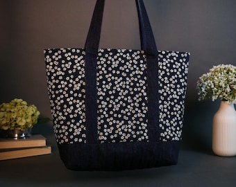 Bolso tote japonés color índigo con estampado de flores de cerezo / Bolso de mano Nara Homespun Denim