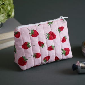 Strawberry print small quilted zip pouch!