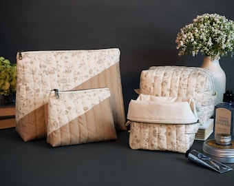 Conjunto de cuatro bolsos de viaje con diseño de peonías y perlas de estilo francés / Organizadores acolchados hechos a mano