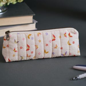 Colorful Butterflies & Cherry Blossoms on Cream Quilted Pencil Case – Handmade Japanese Fabric Zipper Pouch – Gift for Stationery Lovers