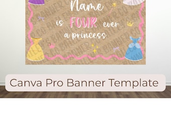 Può includere: Un modello di banner con sfondo marrone e bordo a nastro rosa. Il testo recita "Name is FOUR ever a princess". Presenta illustrazioni di abiti da principessa, corone e una bacchetta magica. Il testo "Canva Pro Banner Template" è in basso.
