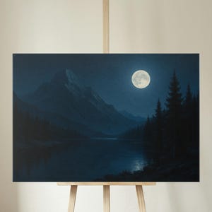 Paisaje montañoso nocturno con luna brillante: arte digital de bosque oscuro / Escena imprimible de lago iluminado por la luna / Decoración de pared de naturaleza a medianoche