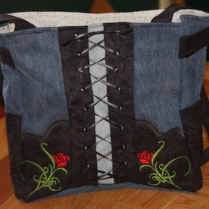 Biker Recycled Denim Rose Purse  ( machine embroidery pattern)