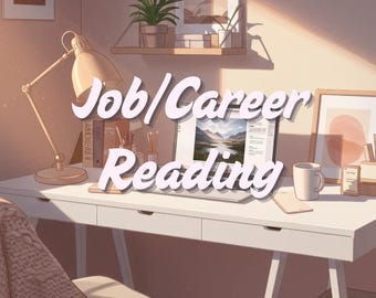 May include: A cozy workspace with a white desk, a laptop displaying a landscape, and the text "Job/Career Reading." A desk lamp, a coffee mug, and framed artwork add to the inviting atmosphere. A plant sits on a shelf above the desk.