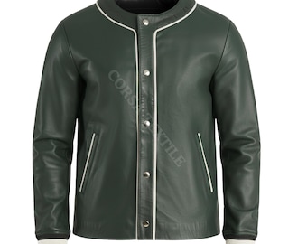 Jaqueta universitária masculina em couro de ovelha verde, estilo bomber acolchoado.