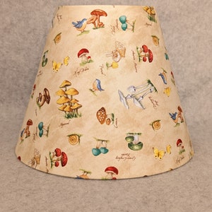 Beige with types of mushrooms lamp shade.  Birds, plants, insects. Fungus. Fungi. Mushroom.   Shades are 9.5" x 5" x 7" tall