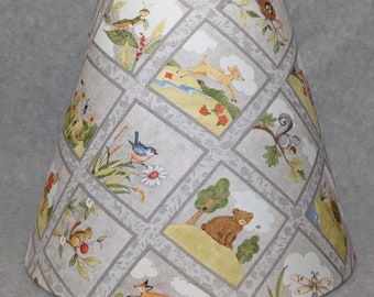 Baby forest animal lamp shade.  Nursery.  deer, rabbit, bear, squirrel, bird, flowers, trees.  Shades are 9.5" x 5" x 7" tall