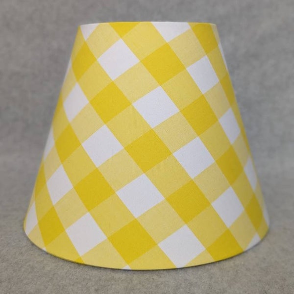 Yellow and white large Check lamp shade.  Checkered. Yellow and white.   Shade is 9.5" wide at  the bottom, 5" wide at the top and 7" tall