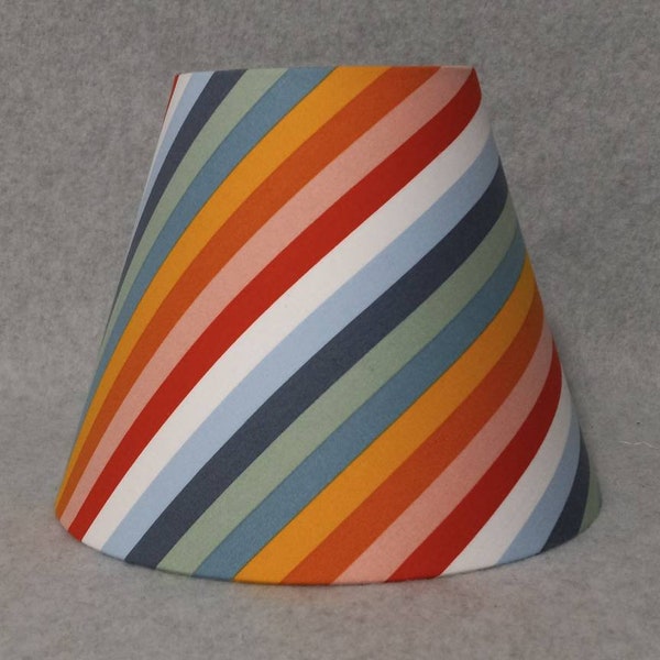 Colorful striped lamp shade. Stripe, stripes.  Shade is 9.5 wide at the bottom, 5" wide at the top and 7" tall