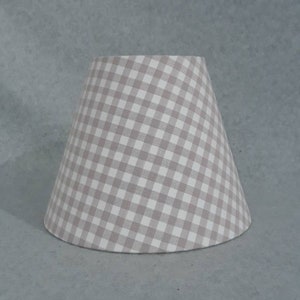 Gingham Check lamp shade.  Checkered.  Tan, beige and white.  Shade is 9.5" wide at  the bottom, 5" wide at the top and 7" tall