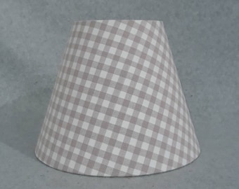 Gingham Check lamp shade.  Checkered.  Tan, beige and white.  Shade is 9.5" wide at  the bottom, 5" wide at the top and 7" tall