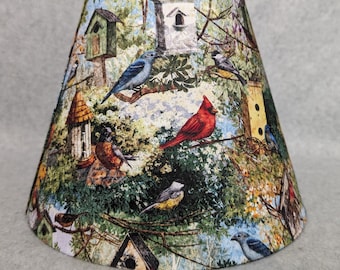 Birdhouses and Wild birds lamp shade.   Blue Jay, Cardinal, Finch. Trees.  Flowers. Shades are 9.5" x 5" x 7" tall