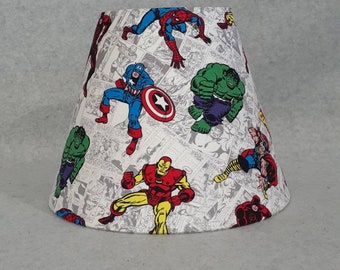 Marvel super hero lamp shade.  Thor, Ironman, Hulk, Captain America, Spiderman, Daredevil.  Shades are 9.5" x 5" x 7" tall