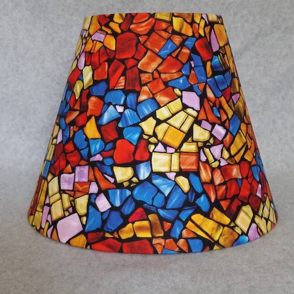 Fabric!  Stained glass look lamp shade. Realistic.  Blue,red, yellow, green.  Shades are 9.5" x 5" x 7" tall