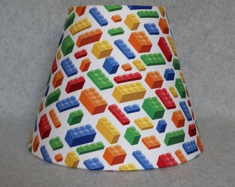Building block lamp shade.  Blue green yellow red orange.  Lego look.   Shades are 9.5&quot; x 5&quot; x 7&quot; tall