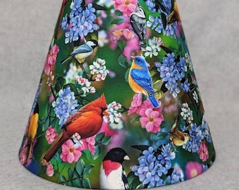 Realistic Wild birds lamp shade.   Blue Jay, Cardinal, Finch. Trees.  Flowers. Shades are 9.5" x 5" x 7" tall