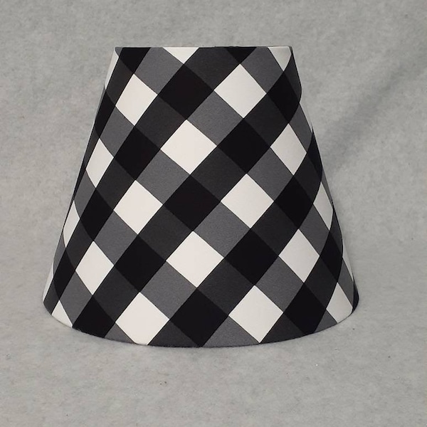 Black Gingham Buffalo Check lamp shade.  1" squares.  Checkered.  white.  Shade is 9.5" wide at bottom, 5" wide at the top and 7" tall