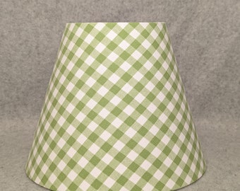 Green Gingham Check lamp shade.  Checkered.  Green and white.  Shade is 9.5" wide at  the bottom, 5" wide at the top and 7" tall