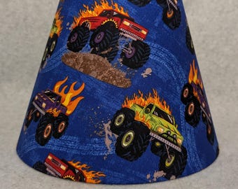 Monster Truck lamp shade.  Shades are 9.5" wide at the bottom, 5" wide at the top and 7" tall.
