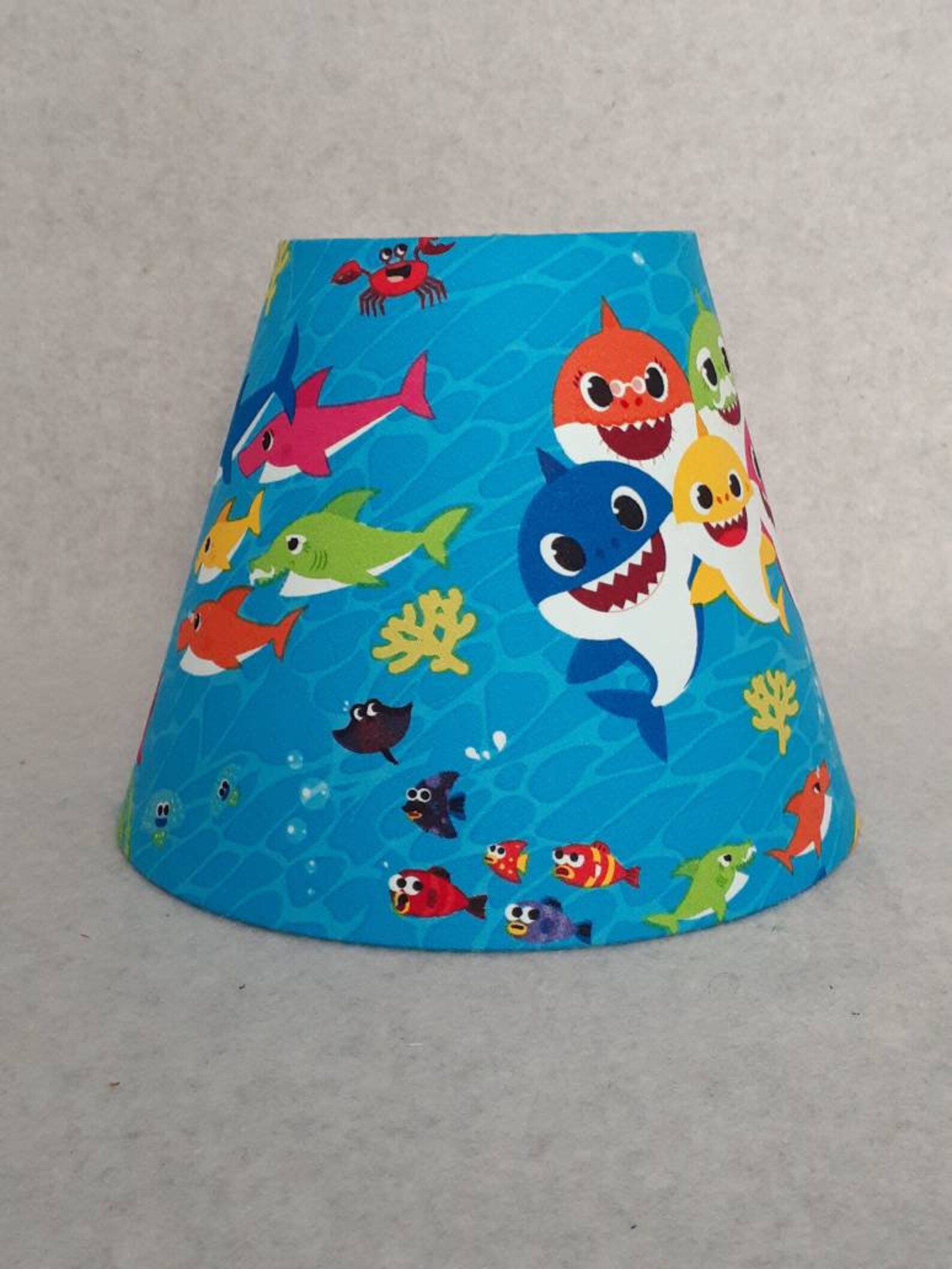 Baby shark lamp shade. Nursery. Fabric from Joann. Not my Etsy