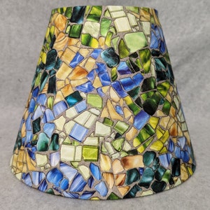 Fabric!  Mosaic tile look lamp shade. Realistic.  Blue,red, yellow, green, black.  Shades are 9.5" x 5" x 7" tall