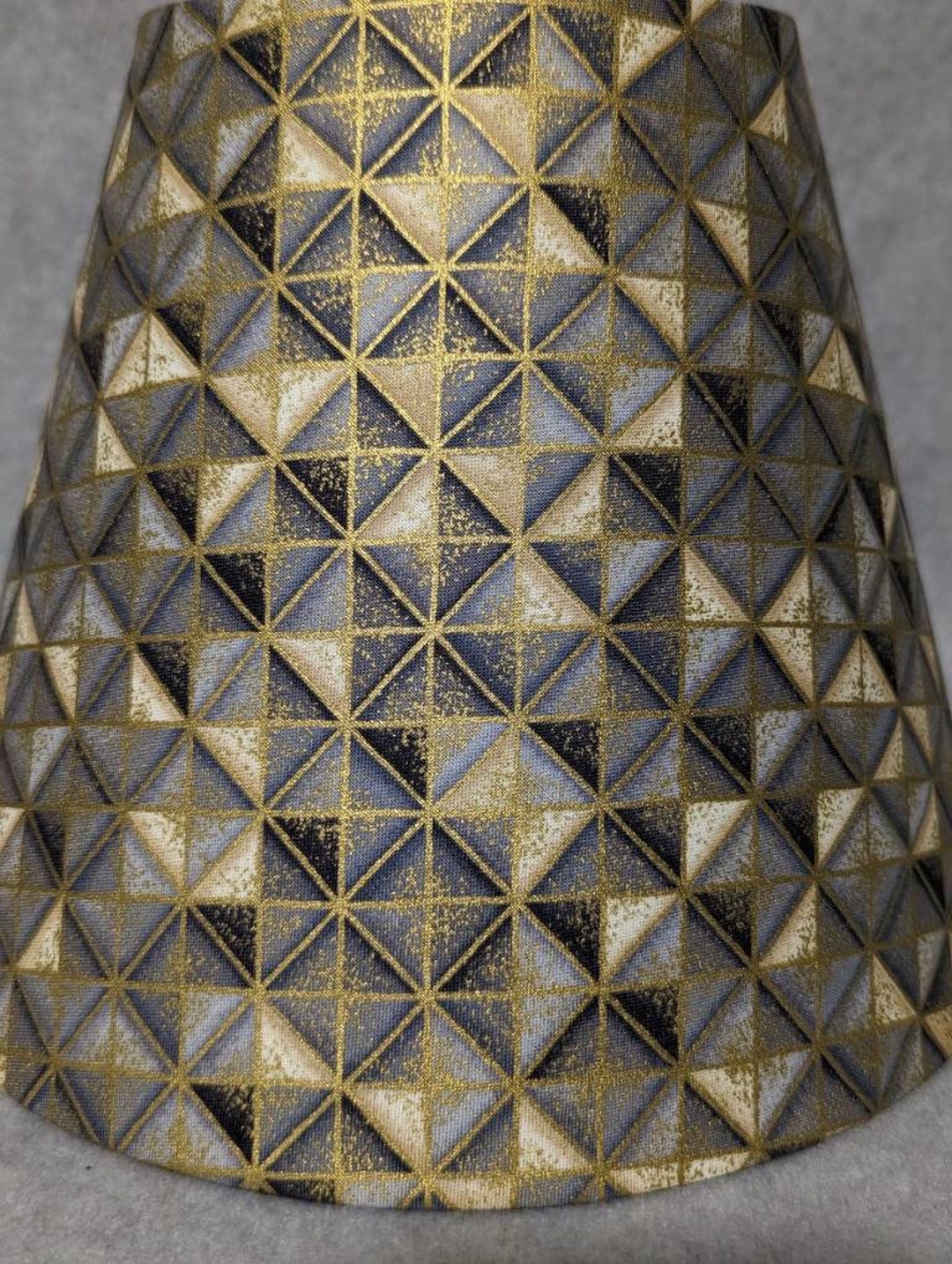 Blue, Gold, White Abstract Lamp Shade. Metallic. Squares. Triangles