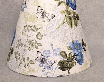 Blue Flowers and butterflies lamp shade.  Textile. Garden. Green. Shades are 9.5" x 5" x 7" tall.  Elegant design.