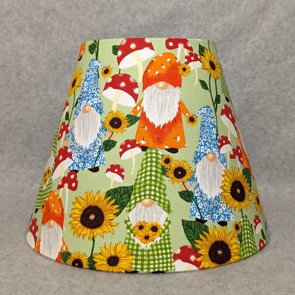 Gnomes , sunflowers and mushrooms lamo shade. Shades are 9.5" x 5" x 7" tall.  Fabric from FabricUtopia