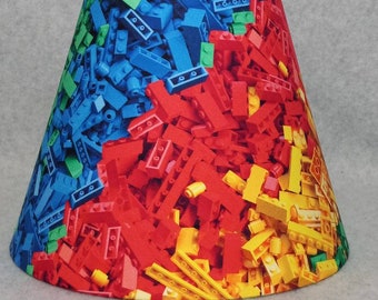 Building blocks lamp shade.  Blue green yellow red, realistic, Lego look.   Shades are 9.5" x 5" x 7" tall