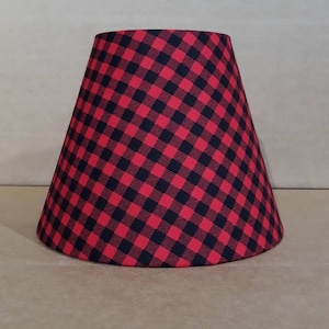 Gingham Check lamp shade.  Checkered.  Black and red.  Shade is 9.5" wide at  the bottom, 5" wide at the top and 7" tall