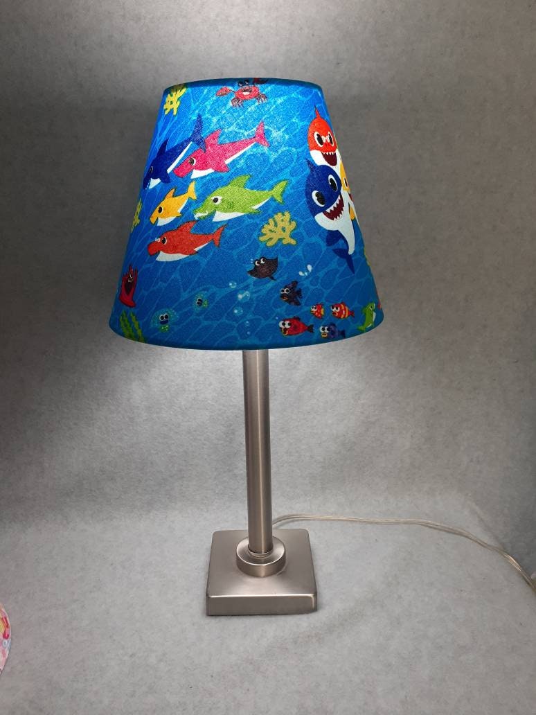 Baby shark lamp shade. Nursery. Fabric from Joann. Not my Etsy