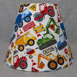 Colorful Kids construction lamp shade. Dump truck, dozer, crane, concrete mixer.  Shades are 9.5" x 5" x 7" tall